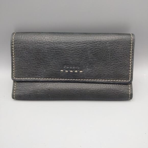 FOSSIL Wallet Black Leather Tri Fold Snap Closure Credit Card ID Change Purse - Picture 1 of 5